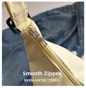 Macro detail of high-quality metal zipper and textured fabric on yellow crossbody bag
