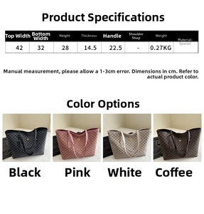 Detailed size chart for the spring large tote bag showing dimensions and all color options