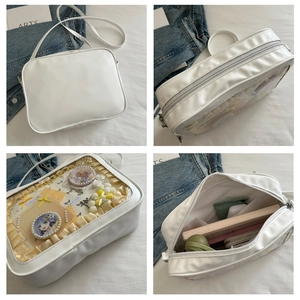 Multi-angle views of white Ita bag with transparent PVC window and spacious interior