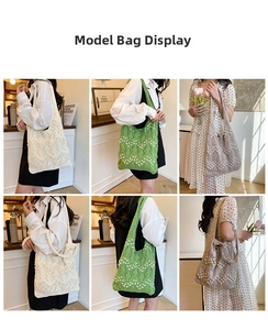 Detail view of woven shoulder bag with pearl accents in cream, green and brown colors