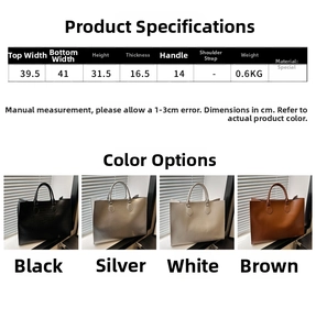 Detailed size guide and specifications for minimalist tote bag showing dimensions and colors