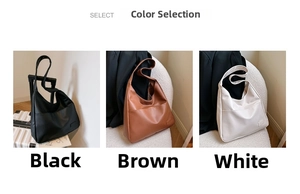 Detailed view of large capacity hobo bags in classic black, brown, and white leather