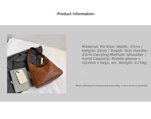 Detailed dimension guide for the brown PU leather tote bag showing 31x29x8cm size specs