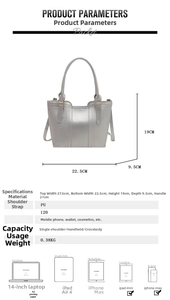 Size parameters and dimensions for silver PU leather tote bag with 22.5cm base width