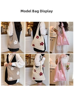 Detail shots of crochet tote bag with floral patterns in cafe setting