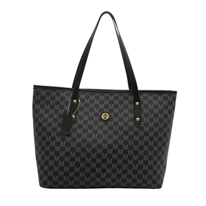 Chic black tote bag for women featuring grey M-pattern print and gold metal logo
