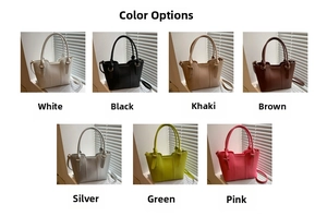 Selection of seven trendy leather bucket bags in various colors with golden hardware
