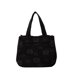 Sac fourre-tout noir en velours côtelé avec imprimé ours blanc et motif Smile