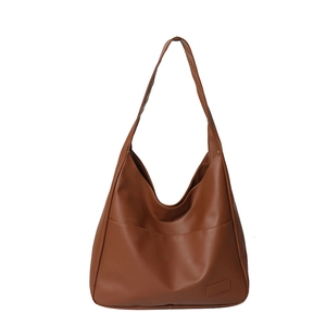 Brown large capacity soft PU leather tote bag for women with front pocket and shoulder strap