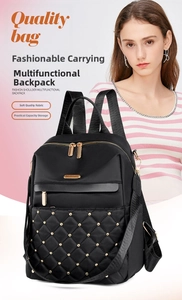 Close-up of quilted black backpack featuring gold rivets and high-quality metal zippers