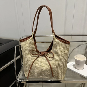 Women Woven Straw Tote Bag Large Capacity Shoulder Bag With Bow Knot PU Leather Trim Summer Vacation Beach Casual