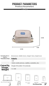 Detailed size specifications and capacity chart for the minimalist nylon crossbody bag