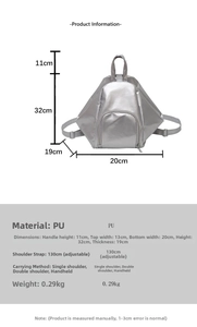 Detailed size chart for the silver geometric PU backpack with full dimensions and specs