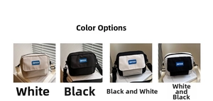 Detail view of nylon crossbody bags in four color options featuring the FANYISSA logo