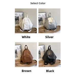 Minimalist geometric PU leather backpack shown in white, silver, brown, and black colors