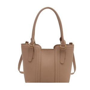 Fashionable khaki leather bucket tote bag for women with dual handles and gold hardware
