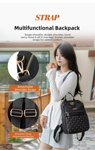 Detail of quilted backpack with detachable adjustable straps and golden metal hardware