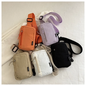 Nylon mini crossbody bags shown in five colors with front vertical zippers and fashion labels