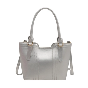 Minimalist silver faux leather shoulder bag with vertical stitching and gold hardware