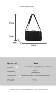 Specifiche dettagliate sulle dimensioni della borsa a tracolla in nylon nero regolabile
