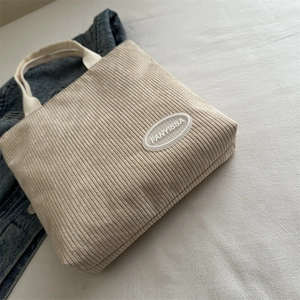 Japanese style cream corduroy tote bag with Fanyissa patch and soft textured handle