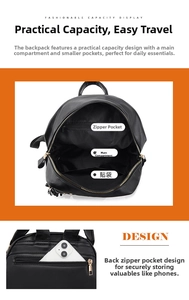 Detail view of black PU leather backpack with multi-layer interior and anti-theft back pocket