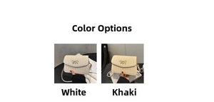 Detail of woven straw crossbody bags with metal bow buckle in white and khaki colors
