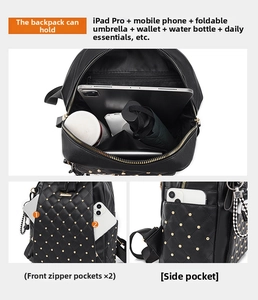 Detail view of large capacity black PU leather backpack with gold rivets and compartments