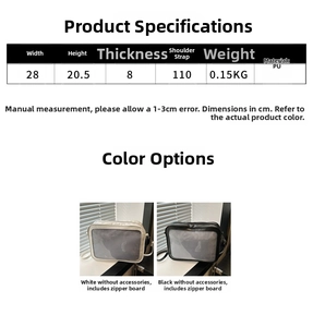 Detailed size chart for the PU crossbody bag showing dimensions and adjustable strap length