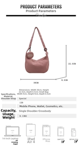 Pink fabric dumpling bag with dimensions 30x22.5x8.5cm and adjustable strap detail