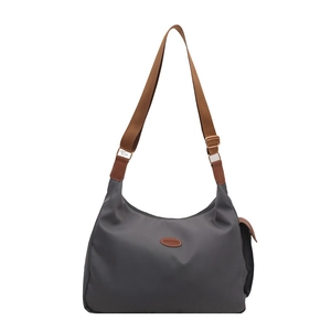 Large dark grey nylon tote bag with brown fashion patch and adjustable shoulder strap