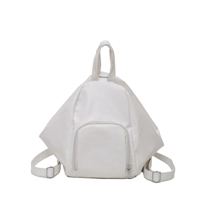 Minimalist white geometric triangle backpack with adjustable straps and front zip pocket