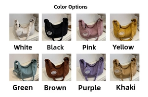Grid view of corduroy crescent crossbody bags in eight vibrant colors with round coin purses