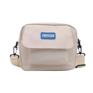 Minimalist beige nylon crossbody bag with adjustable strap and blue brand logo