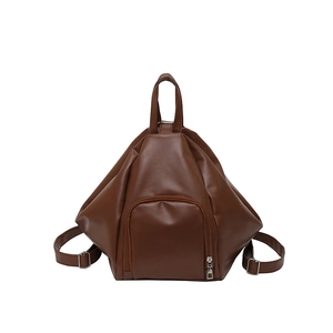 Brown vintage faux leather triangular backpack with adjustable straps and front pocket