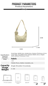Detailed size specifications for beige nylon crescent bag with adjustable strap and pouch