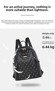 Detail of lightweight black quilted backpack with rivets weighing only 0.44kg