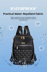 Detail showing waterproof nylon fabric and quilted pattern on black backpack with gold zipper