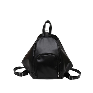 Minimalist black PU leather backpack with a unique triangular design and silver hardware