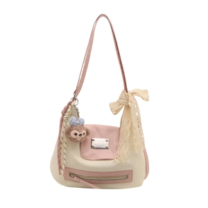 Minimalist beige and pink large capacity tote bag with lace bow and plush charm decoration