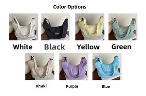 Detailed grid view of crescent canvas crossbody bags in seven assorted vibrant colors