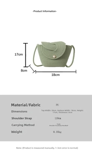 Detailed dimensions of light green woven crossbody bucket bag with pearl accent