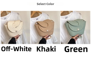 Detailed comparison of woven bucket bags in off-white, khaki, and green colors