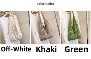 Detailed close-up of knit tote bags with pearl accents in off-white, khaki, and green