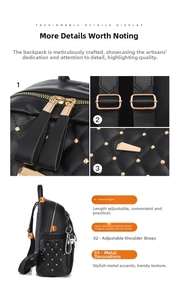 Detail view of black PU leather backpack showing golden studs and adjustable strap
