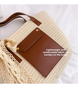 Detail of woven tote bag with brown leather front pocket and delicate lace trim