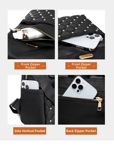 Detail of quilted backpack featuring anti-theft back pocket and metal zipper compartments
