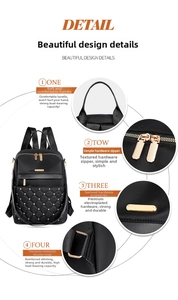 Detail view of quilted nylon backpack features gold rivet accents and reinforced straps