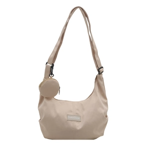 Borsa a mezzaluna in nylon beige con tracolla regolabile e mini portamonete tondo