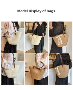 Detail of straw woven tote bag showing leather handles and delicate lace bow accent